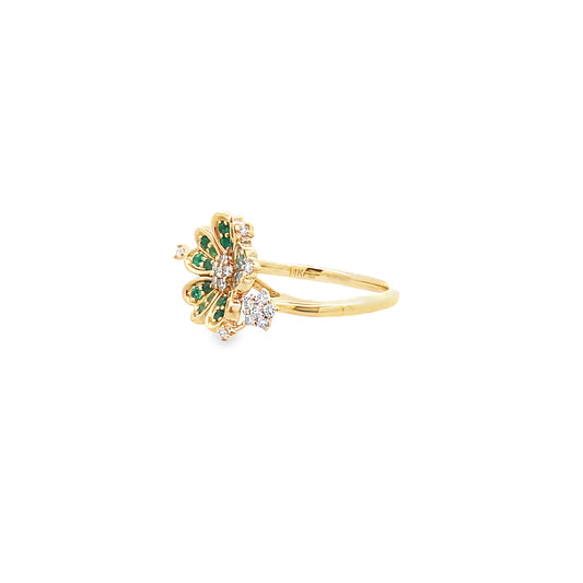 0.18Ctw Dird/0.21 Ctw Emrd 14K Yellow Gold Emerald & Dia Flower Ring Size 7 2.7Dwt