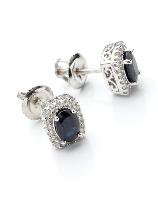 0.18Ctw Diamond 14K White Gold Sapphire Center Stud Earrings
