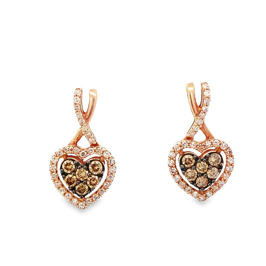 0.75Ctw 10K  Rose Gold White & Cappuccino Diamond Heart Halo Earrings