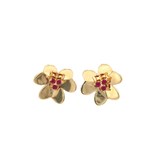 0.20Ctw Ruby 14K Yellow Gold Flower Earrings 2.4Dwt