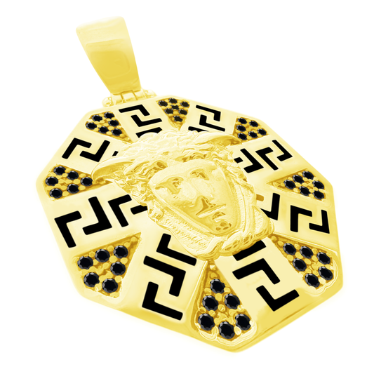 10K Yellow Gold Black Stones Medusa Style Pendant 5.0Dwt