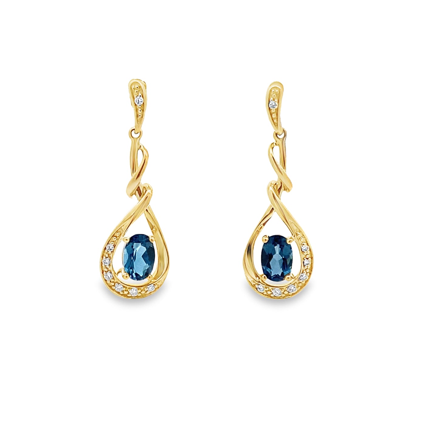 1.09Lbov/0.09 Ctw Dird 14K Yellow Gold London Blue Topaz & Dia Drop Earrings 1.7Dwt