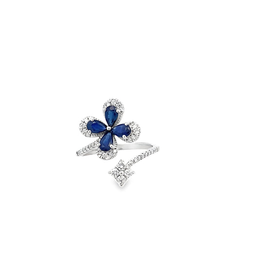 1.45Ct Sapphire 1.20Ctw Dia 14K White Gold  Flower Ring Size 7 2.1Dwt
