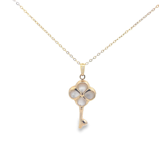 14K Yellow Gold Mother Of Pearl Flower Key Necklace 20In 1.0Dwt