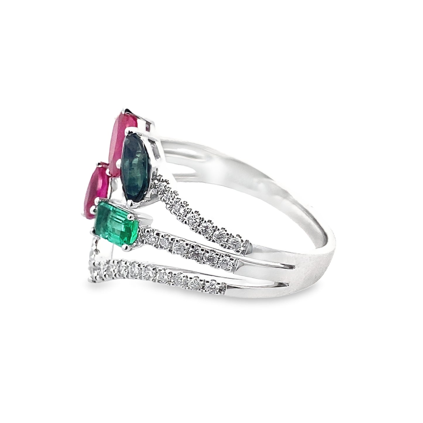 0.25 Emgt 0.35Ctw Dird 14K White Gold Ruby Sapphire & Dia Ring Size 7 2.6Dwt