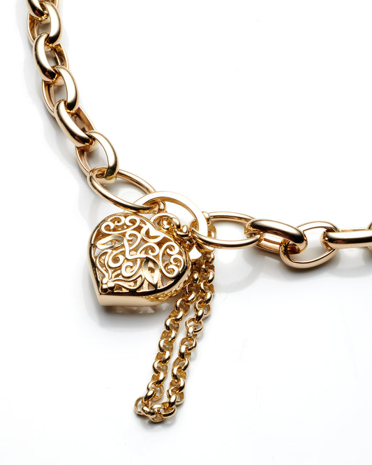 14K Yellow Gold Ladies Oval Rolo Link Heart Lock Clasp Bracelet 7.5In 4.3Dwt *With Safety Chain*