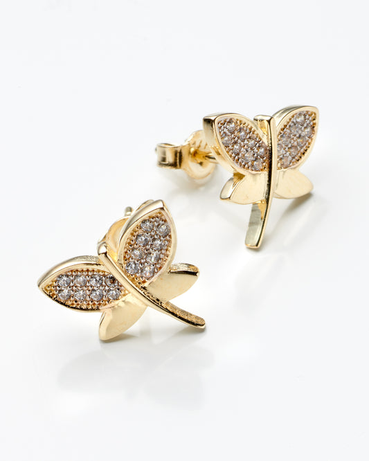 14K Yellow Gold Cz Dragonfly Stud Earrings 1.1Dwt
