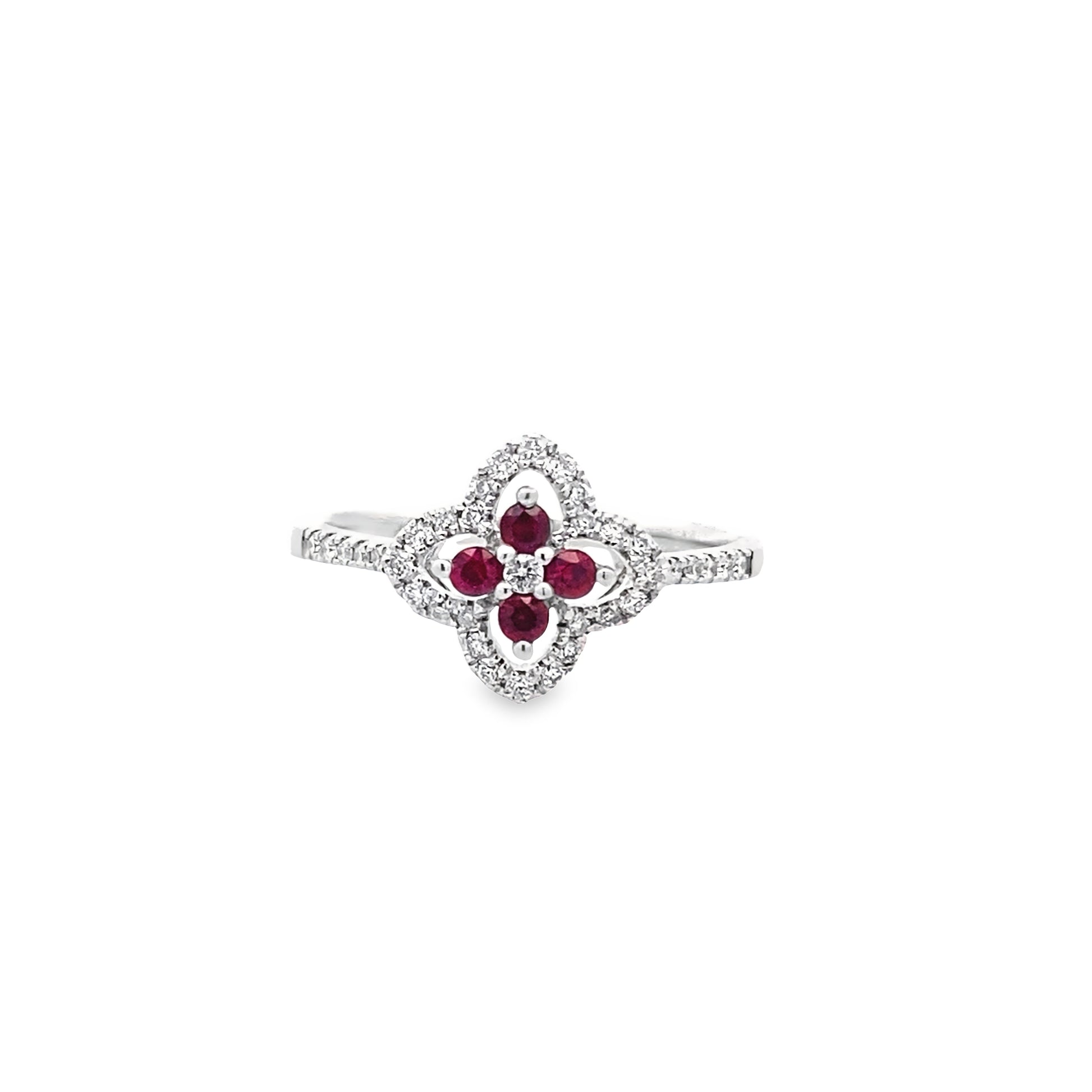 0.21 Ctw Dird/0.16Ctw Rbrd 14K White Gold Ruby & Diamond Flower Ring Size 7 1.6Dwt