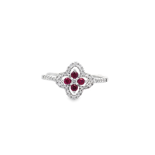 0.21 Ctw Dird/0.16Ctw Rbrd 14K White Gold Ruby & Diamond Flower Ring Size 7 1.6Dwt