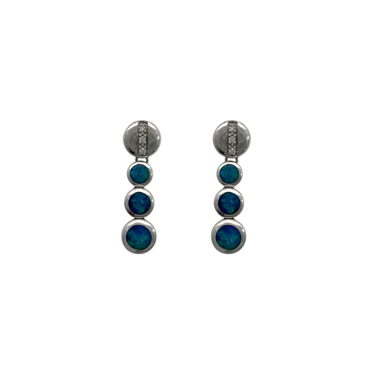 14K White Gold Diamond & Blue Opal Stones Drop Earrings 2.9Dwt