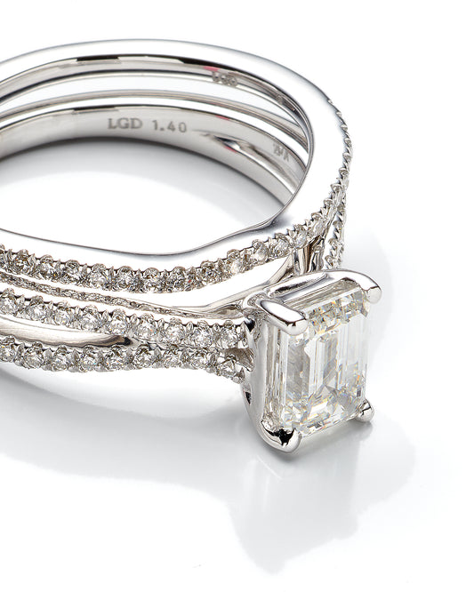 1.40Ctw 14K White Gold Emerald Cut Lab Grown Diamond Solitaire Bridal Set Size 7 3.8Dwt