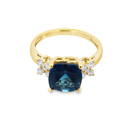 2.86 Lbcu/ 0.25Ctw Dird 14K Yellow Gold  London Blue Topaz & Dia Ring Size 7 2.0Dwt