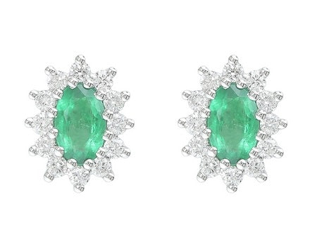 0.21Ctw Diamond 0.43Ctw Emerald 14K White Gold Oval Earrings