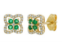 0.21Ctw Diamond & 0.18Ctw Emerald 14K Yellow  Gold Flower Stud Earrings