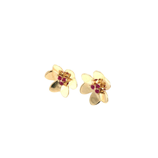 (Uj2)0.20Ctw Ruby 14K Yellow Gold Flower Earrings 2.4Dwt