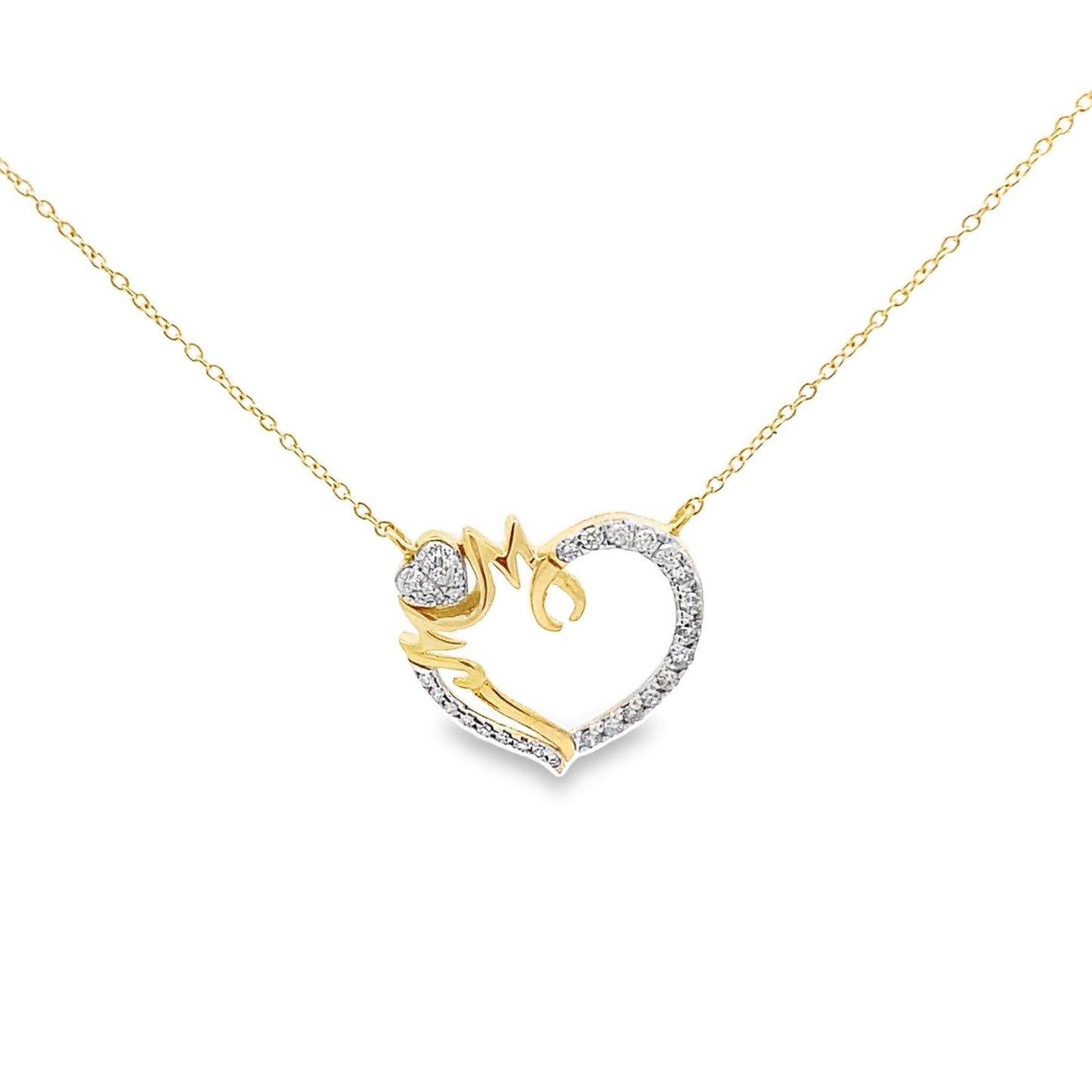0.16Ctw 14K Yellow Gold Diamond "Mom" Heart Necklace 18In 1.3Dwt