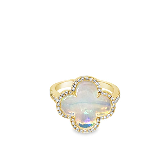 0.25Ctw Diamond 3.10Ctw Opal 14K Yellow Gold Flower Ring Size 7 3.0Dwt