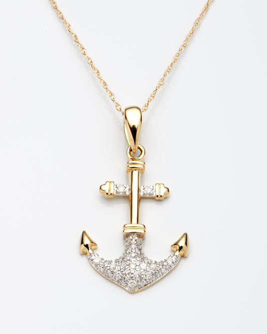 0.15Ctw 10K Yellow Gold Diamond Anchor Necklace 18In 1.1Dwt
