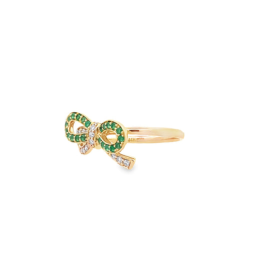 0.19Ctw Dird/0.22Ctw Emrd 14K Yellow Gold Emerald & Dia Ribbon Ring Size 7 2.5Dwt