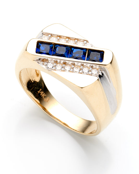 14K Yellow Gold Mens Ring W/Czs And Dark Blue Stones Size 11 5.2Dwt