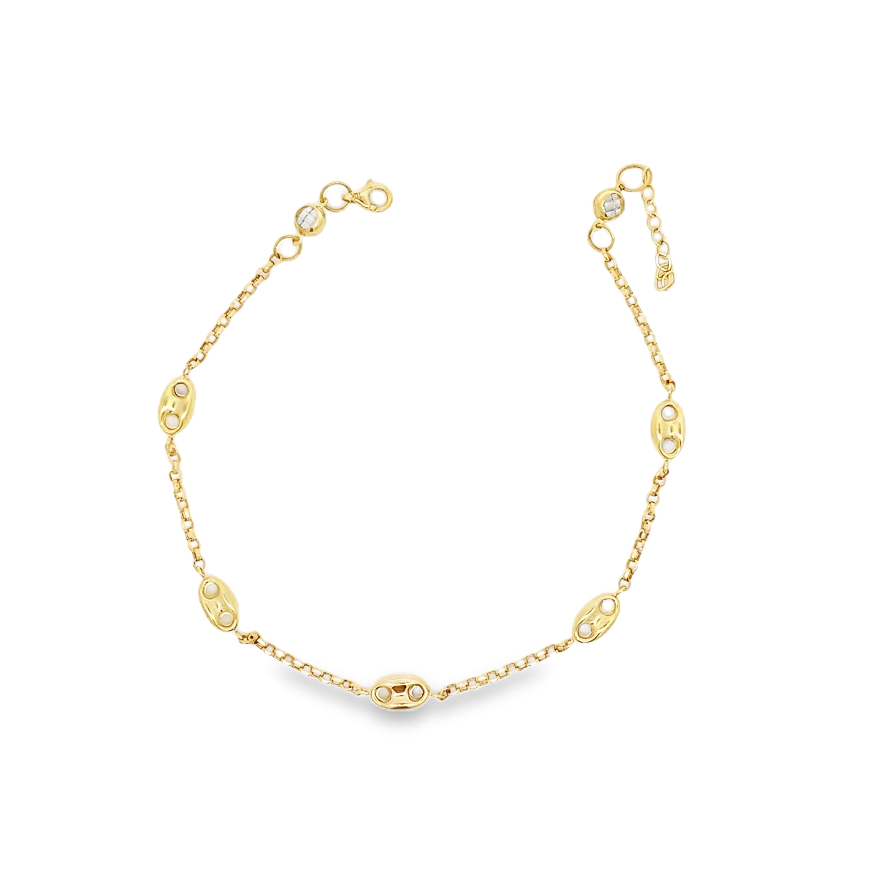 10K Yellow Gold Mariner Puff Station Anklet 10In 2.2Dwt