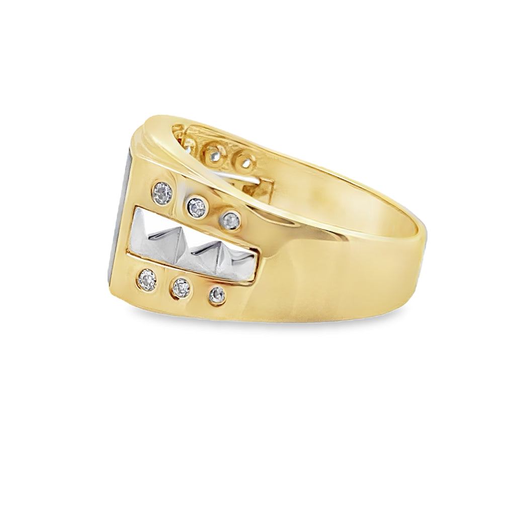 10K Two Tone Mens Onyx Fashion Ring With Cubic Zirconia Size 11 3.8Dwt