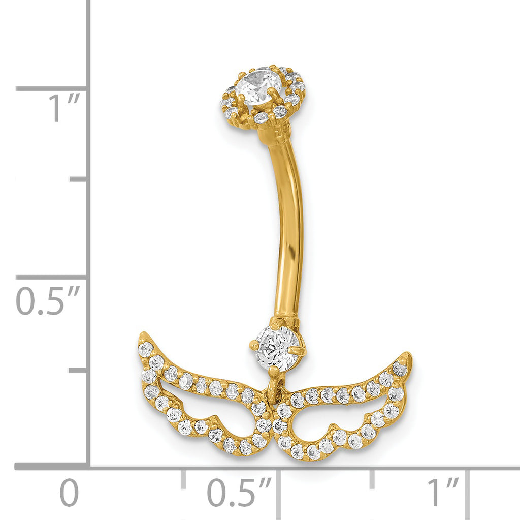 14K 14 Gauge Angel Wings CZ Belly/Navel Ring Body Jewelry