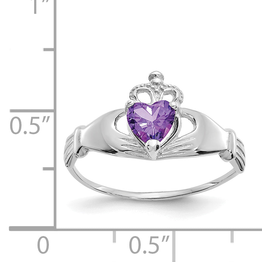 14k White Gold CZ February Birthstone Claddagh Heart Ring