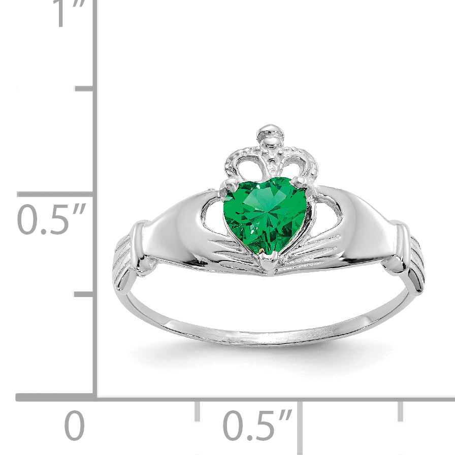 14k White Gold CZ May Birthstone Claddagh Heart Ring