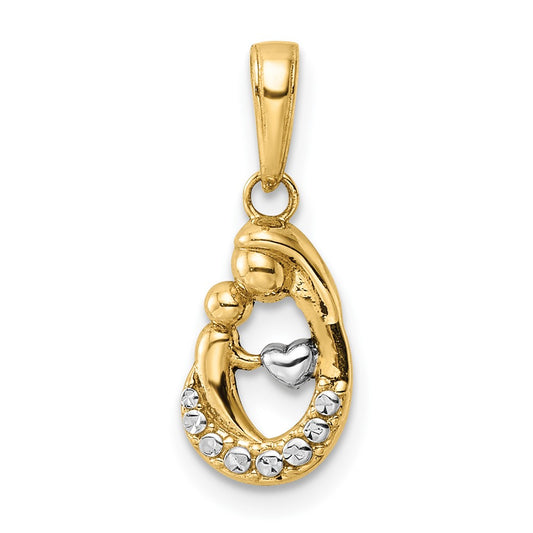 14k and White Rhodium Diamond-cut Mother and Baby Teardrop Pendant
