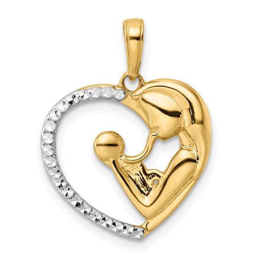 14k and White Rhodium Diamond-cut Mother and Baby Heart Pendant