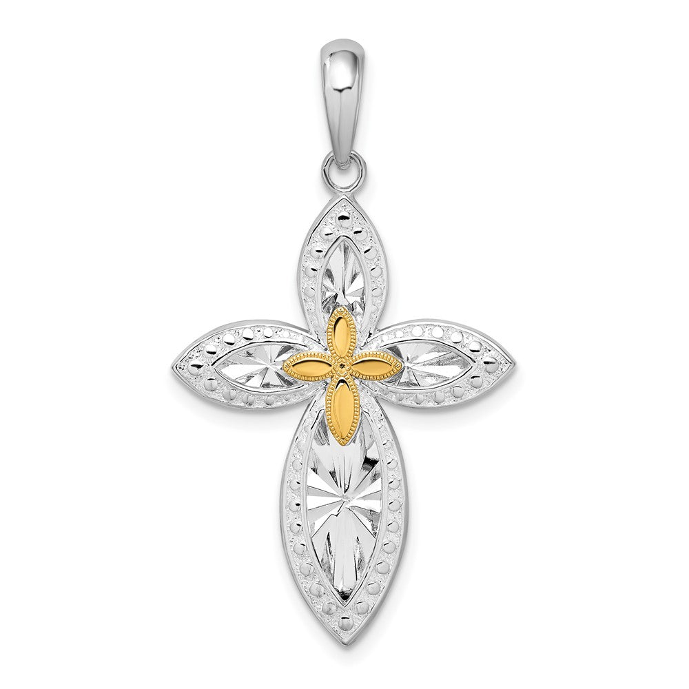 Sterling Silver Diamond-cut Cross w/14k Accent Pendant