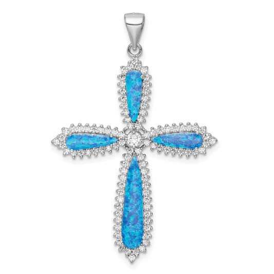 Sterling Silver RH-plated Blue Created Opal Beaded Border Cross Pendant