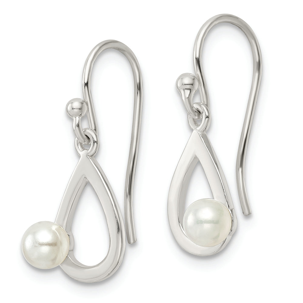 Sterling Silver Polished Teardrop w/ Imitation Pearl Shepherd Hook Earrings