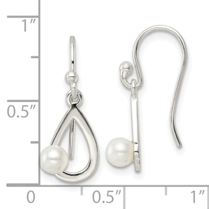 Sterling Silver Polished Teardrop w/ Imitation Pearl Shepherd Hook Earrings