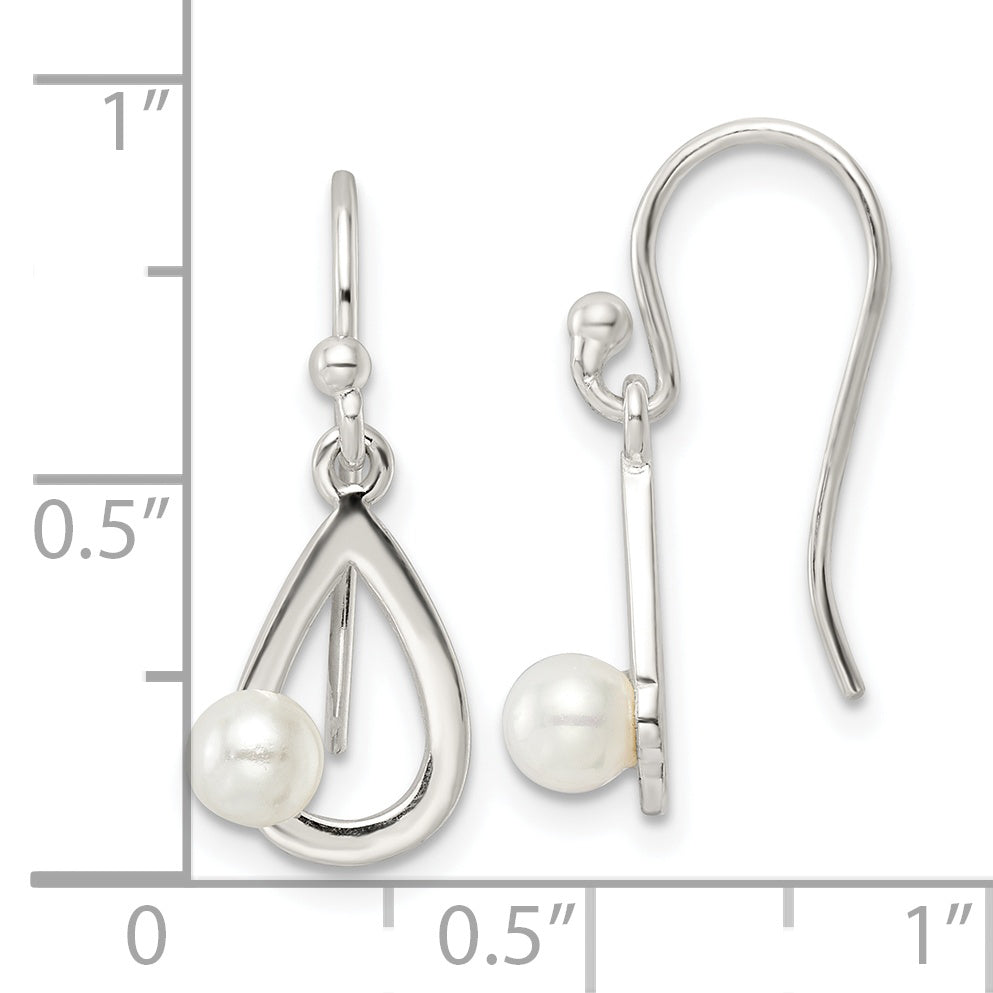 Sterling Silver Polished Teardrop w/ Imitation Pearl Shepherd Hook Earrings