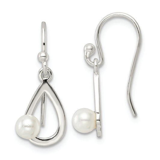 Sterling Silver Polished Teardrop w/ Imitation Pearl Shepherd Hook Earrings