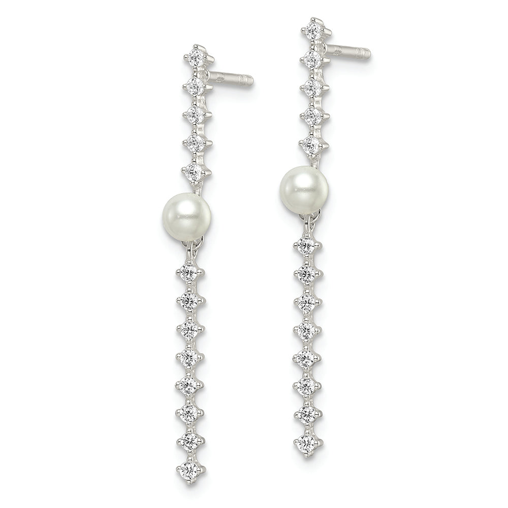 Sterling Silver Polished CZ and Glass Pearl Post Earrings