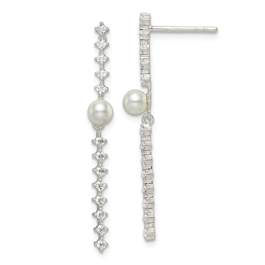 Sterling Silver Polished CZ and Glass Pearl Post Earrings