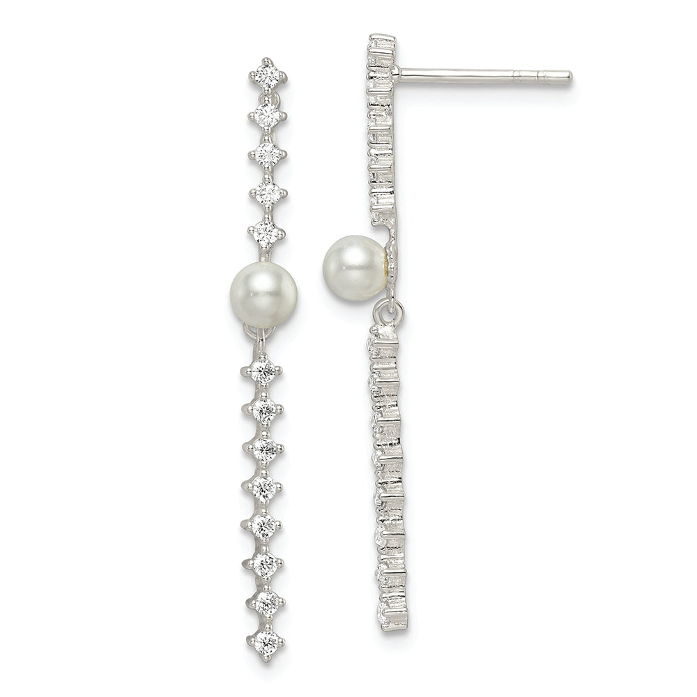 Sterling Silver Polished CZ and Glass Pearl Post Earrings