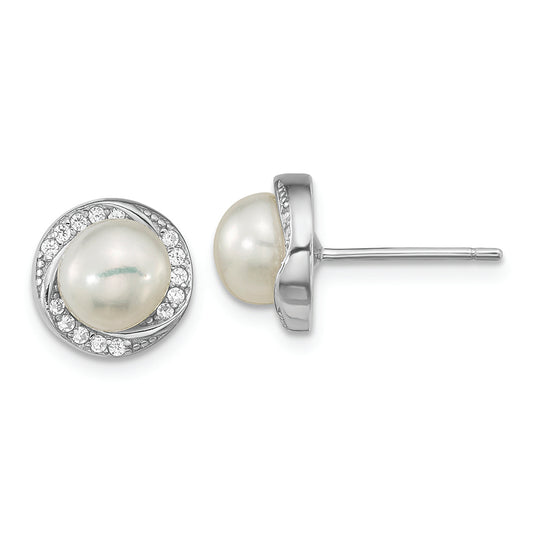 Sterling Silver Rho-plated CZ 6-7mm White Button FWC Pearl Post Earrings