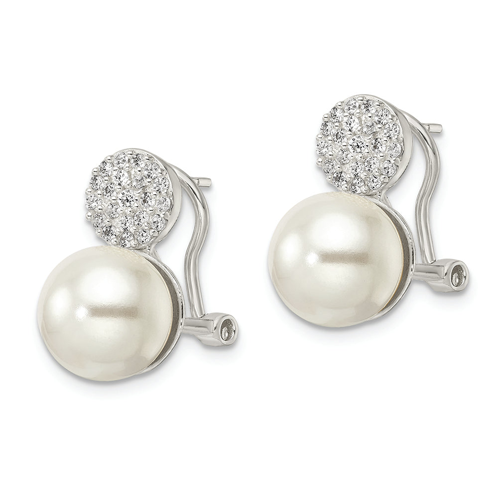 Sterling Silver Imitation Shell Pearl and CZ Omega Back Earrings
