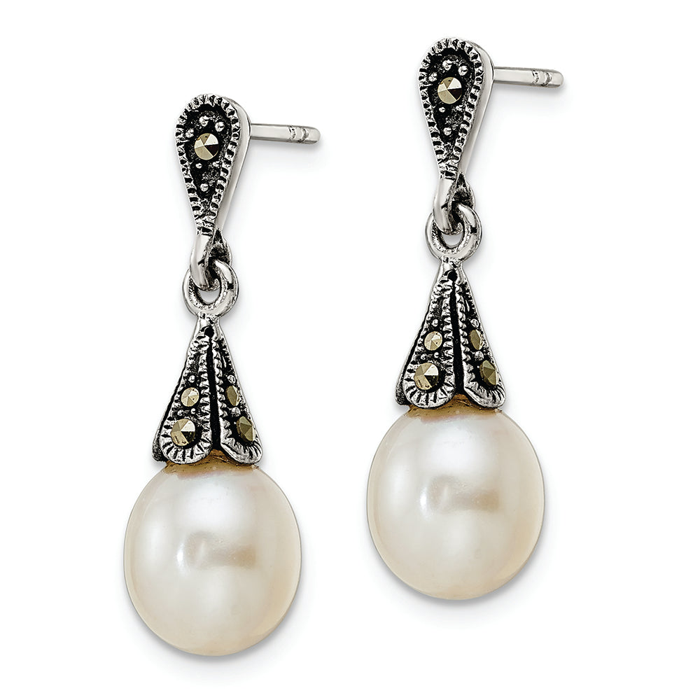 Sterling Silver Antiqued Marcasite FWC Pearl Post Dangle Earrings