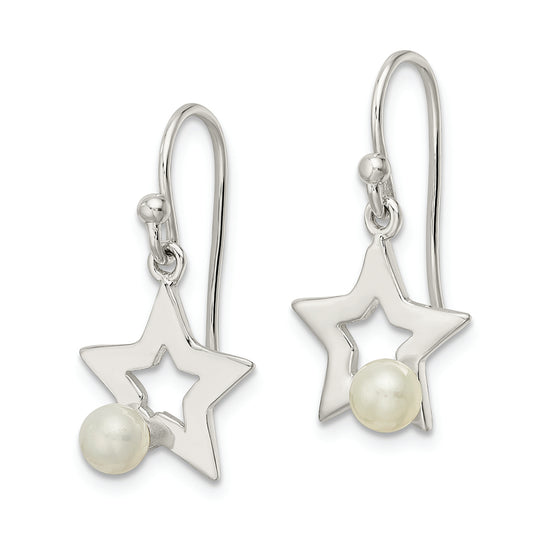 Sterling Silver Polished Imitation Pearl Star Shepherd Hook Earrings