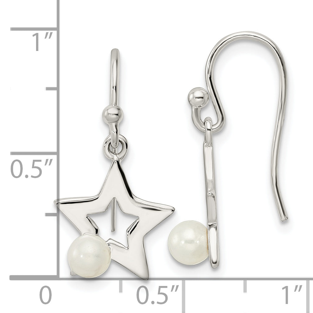 Sterling Silver Polished Imitation Pearl Star Shepherd Hook Earrings