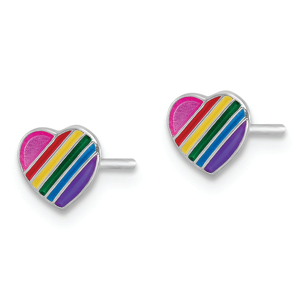 Sterling Silver RH-plated Enamel Kids Rainbow Heart Post Earrings