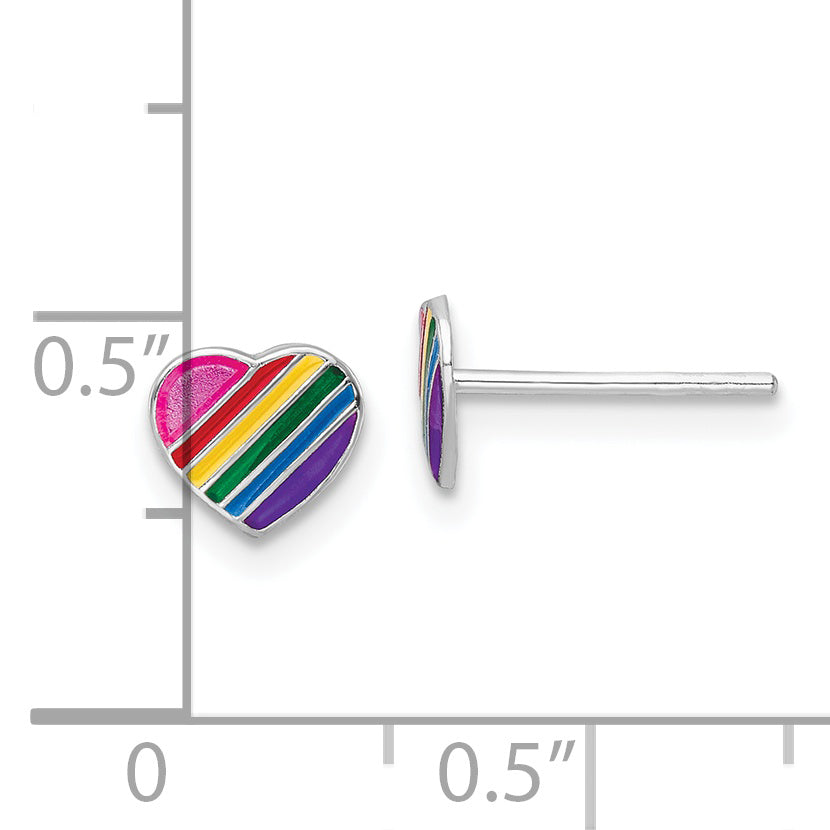 Sterling Silver RH-plated Enamel Kids Rainbow Heart Post Earrings