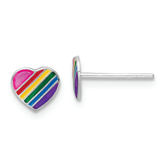 Sterling Silver RH-plated Enamel Kids Rainbow Heart Post Earrings
