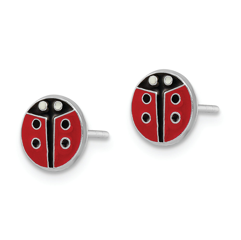 Sterling Silver RH-plated Enamel Kids Lady Bug Post Earrings