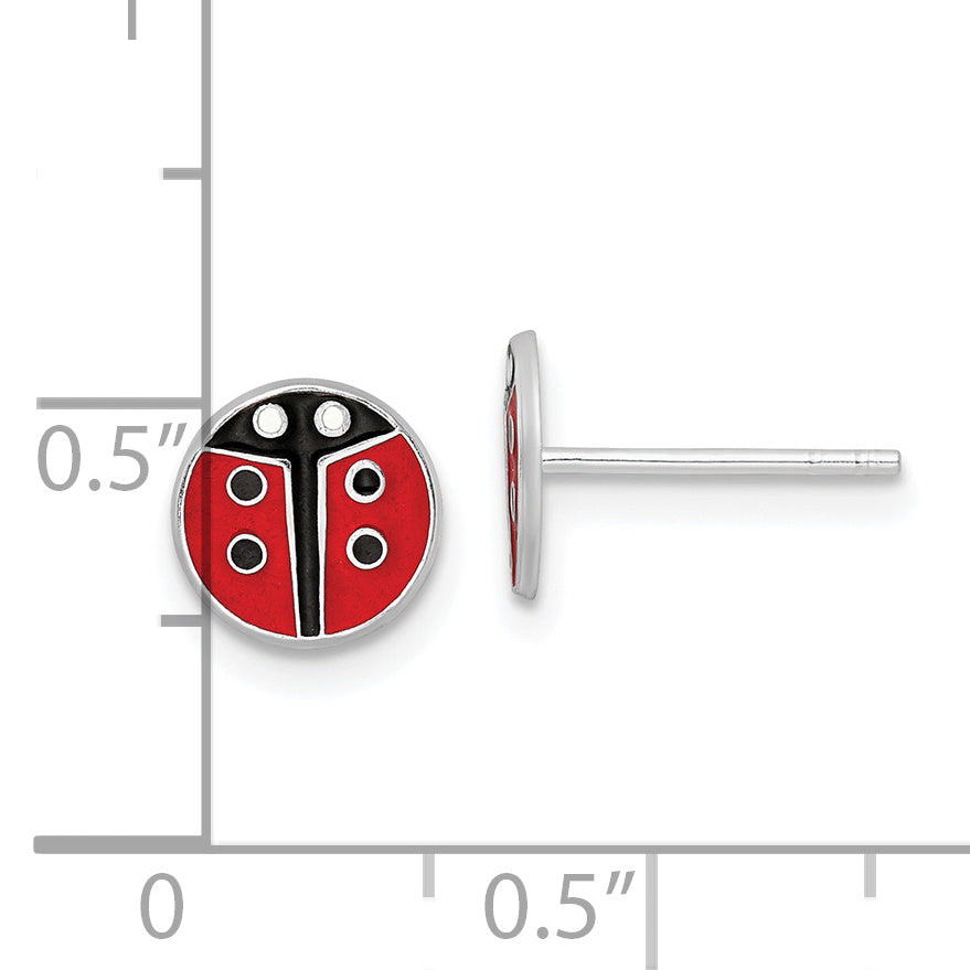 Sterling Silver RH-plated Enamel Kids Lady Bug Post Earrings